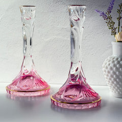 Vintage Italian SC Line handblown lead crystal candlestick holders with pink‑to‑clear gradient and gold trim, set of two.
