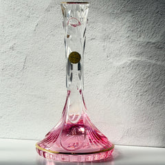 Vintage Italian SC Line handblown lead crystal candlestick holders with pink‑to‑clear gradient and gold trim, set of two.