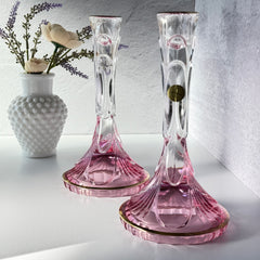 Vintage Italian SC Line handblown lead crystal candlestick holders with pink‑to‑clear gradient and gold trim, set of two.