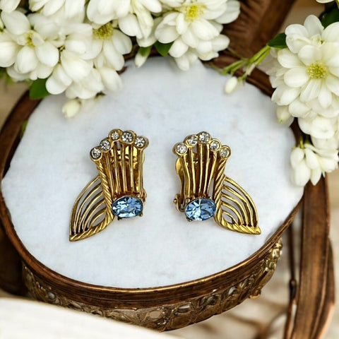 Vintage Sapphire Blue &amp; Clear Rhinestones Gold Tone Open Work Floral Clip-on Earrings