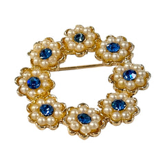 Vintage Sapphire Blue Rhinestone & Faux Pearl Floral Wreath Brooch