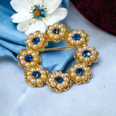 Vintage Sapphire Blue Rhinestone & Faux Pearl Floral Wreath Brooch