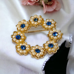 Vintage Sapphire Blue Rhinestone & Faux Pearl Floral Wreath Brooch