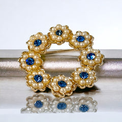 Vintage Sapphire Blue Rhinestone & Faux Pearl Floral Wreath Brooch