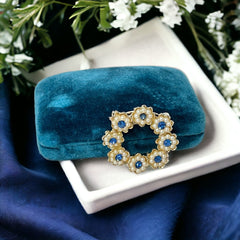 Vintage Sapphire Blue Rhinestone & Faux Pearl Floral Wreath Brooch