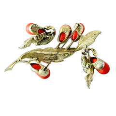 Vintage Sarah Coventry “Bittersweet Berries” brooch and clip‑on earrings set with peach teardrop berries and gold‑tone leaves