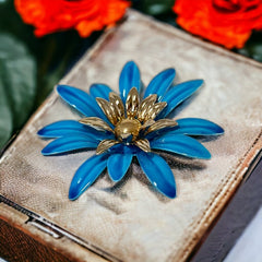 Vintage Sarah Coventry Blue Enamel Flower Large Brooch - Statement Brooch