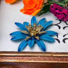 Vintage Sarah Coventry Blue Enamel Flower Large Brooch - Statement Brooch