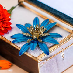 Vintage Sarah Coventry Blue Enamel Flower Large Brooch - Statement Brooch