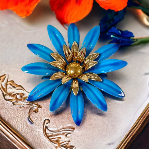 Vintage Sarah Coventry Blue Enamel Flower Large Brooch - Statement Brooch