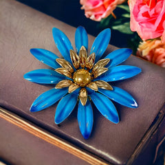 Vintage Sarah Coventry Blue Enamel Flower Large Brooch - Statement Brooch