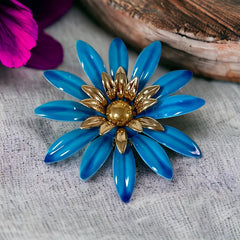 Vintage Sarah Coventry Blue Enamel Flower Large Brooch - Statement Brooch