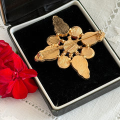 Vintage Sarah Coventry 1972 Americana Maltese cross brooch with red, white and blue cabochons in gold tone