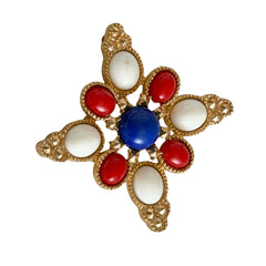 Vintage Sarah Coventry 1972 Americana Maltese cross brooch with red, white and blue cabochons in gold tone