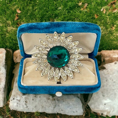 Vintage Sarah Coventry "Kathleen" Emerald Faceted & Clear Rhinestones Floral Brooch