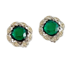 Vintage Sarah Coventry Kathleen emerald and clear rhinestone floral clip‑on earrings, silver‑tone setting.