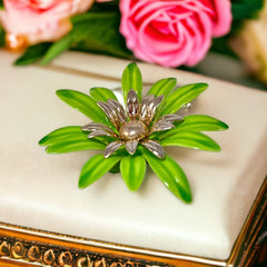 Vintage Sarah Coventry Green Enamel Flower Large Brooch - Statement Brooch