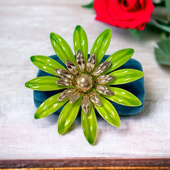 Vintage Sarah Coventry Green Enamel Flower Large Brooch