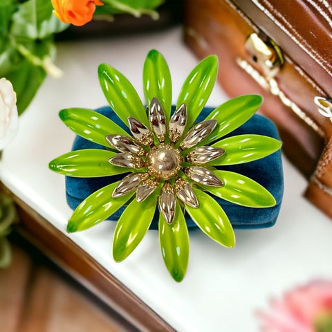 Vintage Sarah Coventry Green Enamel Flower Large Brooch - Statement Brooch