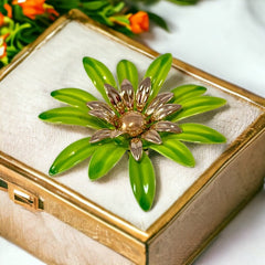 Vintage Sarah Coventry Green Enamel Flower Large Brooch - Statement Brooch