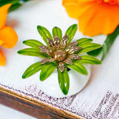 Vintage Sarah Coventry Green Enamel Flower Large Brooch - Statement Brooch