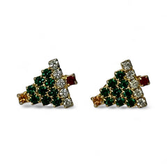 Pair of vintage Sarah Coventry clip-on earrings shaped like Christmas trees, featuring clear and green rhinestones as leaves, a red rhinestone trunk, and a yellow rhinestone star at the top. Gold tone metal with signed clips. Small size, festive design.
