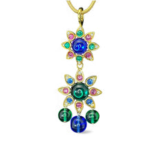 Vintage Shakira Caine Mughal‑style pendant necklace with multicolor glass cabochons, gold tone snake chain, signed and in excellent condition.