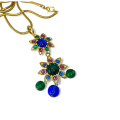 Vintage Shakira Caine Mughal‑style pendant necklace with multicolor glass cabochons, gold tone snake chain, signed and in excellent condition.