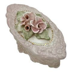 Vintage Corday Pale Pink Porcelain Trinket Box – 3D Roses Capodimonte Style (1940s–1950s)