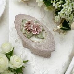 Vintage Corday Pale Pink Porcelain Trinket Box – 3D Roses Capodimonte Style (1940s–1950s)
