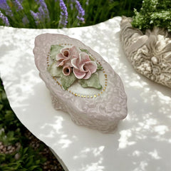 Vintage Corday Pale Pink Porcelain Trinket Box – 3D Roses Capodimonte Style (1940s–1950s)