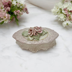 Vintage Corday Pale Pink Porcelain Trinket Box – 3D Roses Capodimonte Style (1940s–1950s)