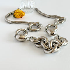 Vintage silver‑tone necklace with snake‑coil links and silver beads, long 36‑inch chain