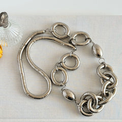 Vintage silver‑tone necklace with snake‑coil links and silver beads, long 36‑inch chain