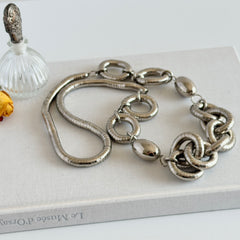 Vintage silver‑tone necklace with snake‑coil links and silver beads, long 36‑inch chain
