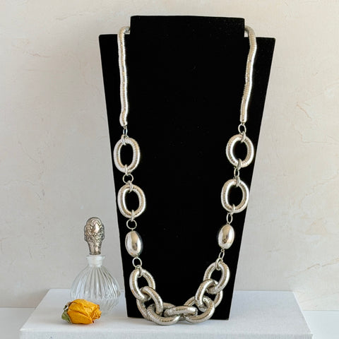 Vintage silver‑tone necklace with snake‑coil links and silver beads, long 36‑inch chain