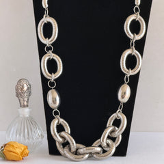 Vintage silver‑tone necklace with snake‑coil links and silver beads, long 36‑inch chain