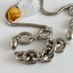 Vintage silver‑tone necklace with snake‑coil links and silver beads, long 36‑inch chain