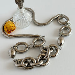 Vintage silver‑tone necklace with snake‑coil links and silver beads, long 36‑inch chain