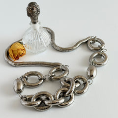Vintage silver‑tone necklace with snake‑coil links and silver beads, long 36‑inch chain