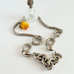Vintage silver‑tone necklace with snake‑coil links and silver beads, long 36‑inch chain