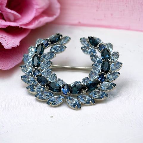 Vintage Sparkling Baby Blue & Dark Sapphire Rhinestone Laurel Wreath Brooch