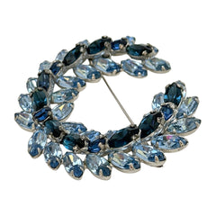 Vintage Sparkling Baby Blue & Dark Sapphire Rhinestone Laurel Wreath Brooch