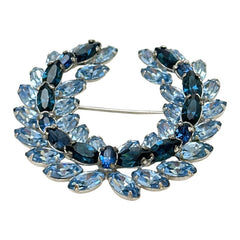 Vintage Sparkling Baby Blue & Dark Sapphire Rhinestone Laurel Wreath Brooch