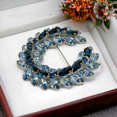 Vintage Sparkling Baby Blue & Dark Sapphire Rhinestone Laurel Wreath Brooch