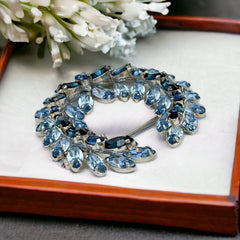 Vintage Sparkling Baby Blue & Dark Sapphire Rhinestone Laurel Wreath Brooch