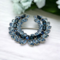 Vintage Sparkling Baby Blue & Dark Sapphire Rhinestone Laurel Wreath Brooch