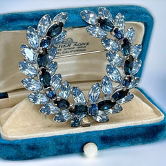 Vintage Sparkling Baby Blue & Dark Sapphire Rhinestone Laurel Wreath Brooch