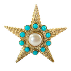 Vintage Starfish Faux Pearl & Turquoise Textured Gold Tone Brooch