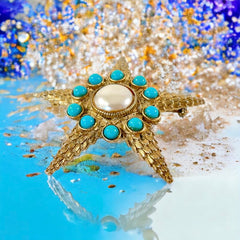 Vintage Starfish Faux Pearl & Turquoise Textured Gold Tone Brooch